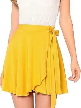 SheIn Women's Casual Elastic Waist Self Belted Overlap Skater Flared Wrap Short Skirt | Amazon (US)