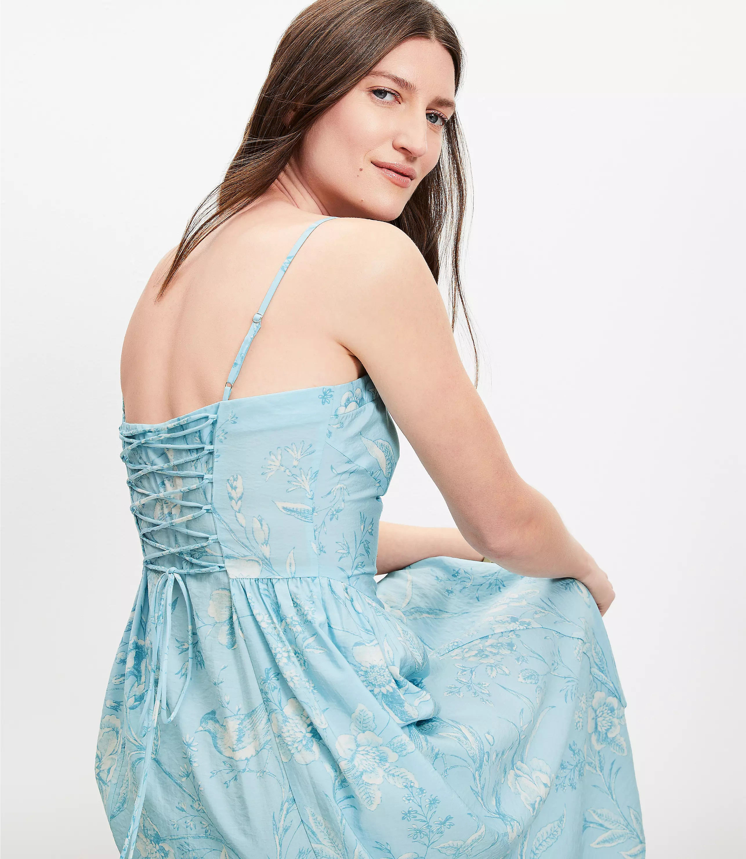 Bird Toile Sweetheart Strappy Midi Dress | LOFT