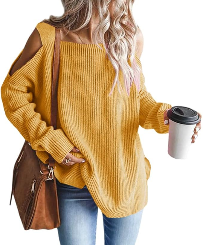 MaQiYa Women's Cold Shoulder Oversized Sweaters Batwing Long Sleeve Square Neck Chunky Knit Winte... | Amazon (US)