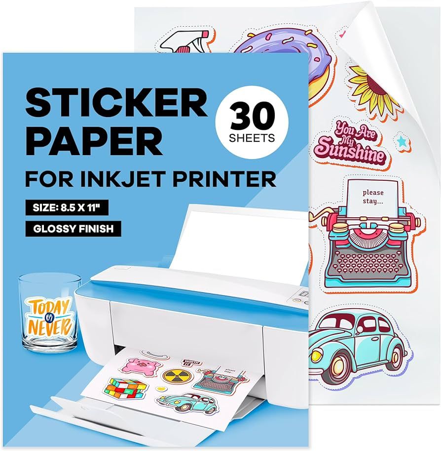 Sticker Paper for Inkjet Printer - Sticker Paper - Printable Vinyl Sticker Paper (30 Sheets, Glos... | Amazon (US)