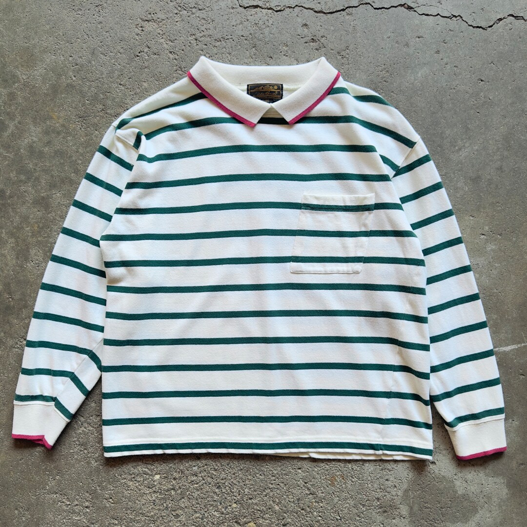 Large, Vintage 90s Eddie Bauer Striped Long Sleeve Collared Pullover Rugby Shirt Polo Cream Gucci... | Etsy (US)