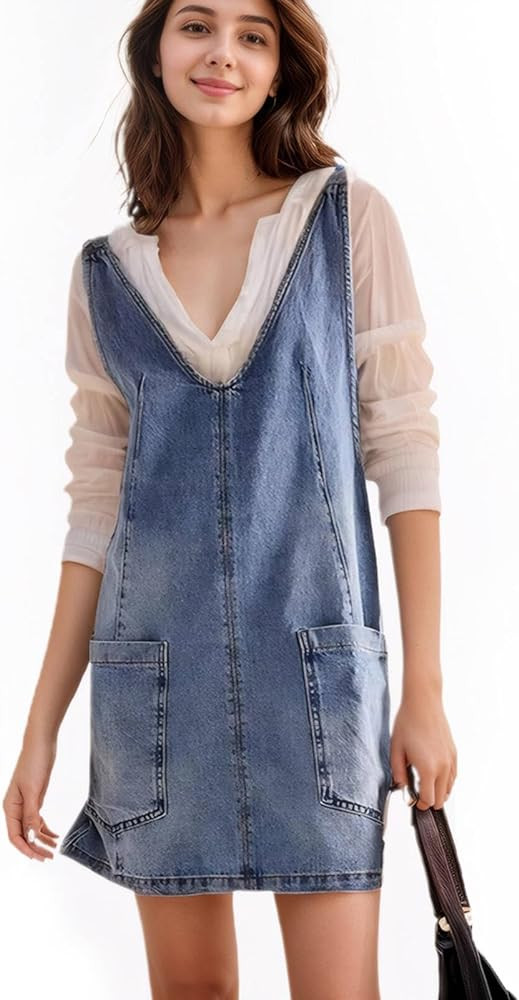 Women Stretch Denim Overalls Mini Dress Adjustable Shoulder Straps High Roller Skirtall Casual Je... | Amazon (US)