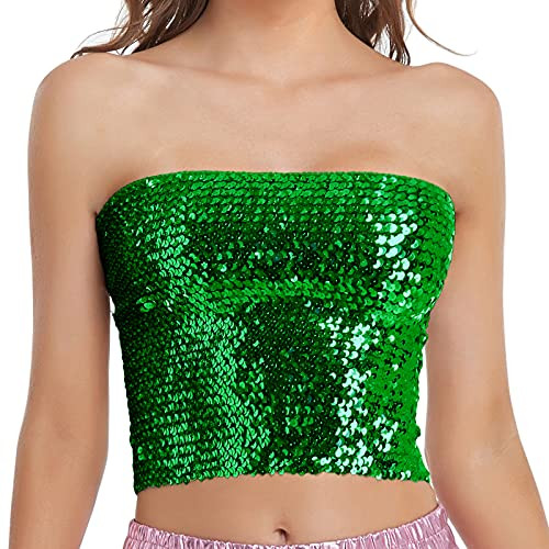 Womens Sparkly Sequin Mermaid Crop Tops, Strapless Metallic Tube Tops for Party Clubwear(Green) | Amazon (US)