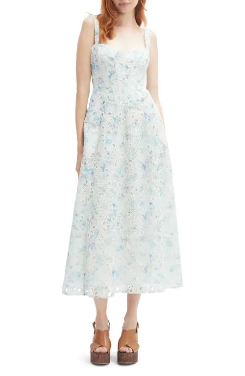 Bardot Adaline Eyelet Embroidered Corset Midi Dress in Blue White at Nordstrom, Size 6 | Nordstrom