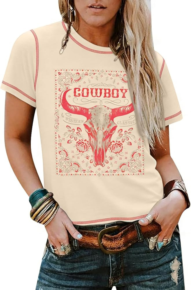 Western Shirts for Women Vintage Rodeo Graphic Tees Cute Cowboys Shirts Country Music Short Sleev... | Amazon (US)