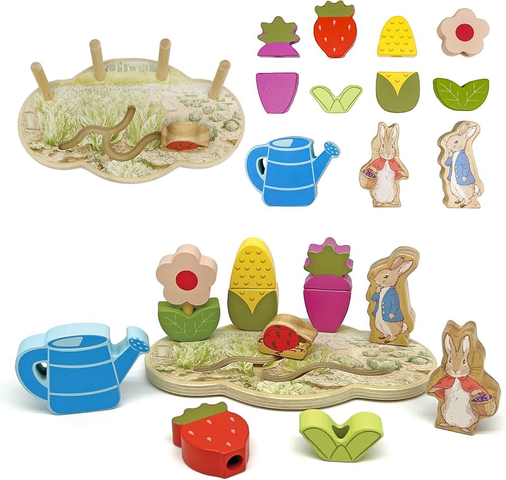 KIDS PREFERRED Peter Rabbit Garden Wooden Montessori Activity Stacker with 12 Wooden Interactive ... | Amazon (US)