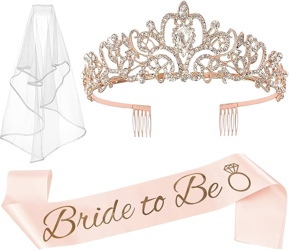 JETKONG 3 Pcs Bachelorette Party Decorations Bridal Shower Crown, Bride to Be Sash&Veil for Women... | Amazon (US)