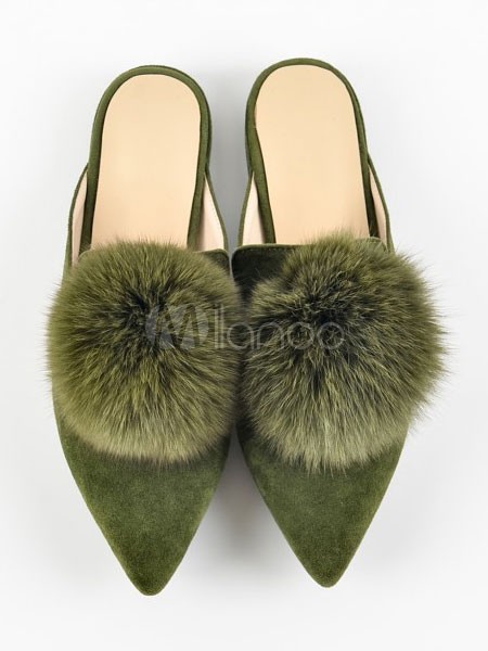 Atrovirens Women's Mules Pointed Toe Faux Fur Pom Poms Detail Backless Flat Shoes | Milanoo