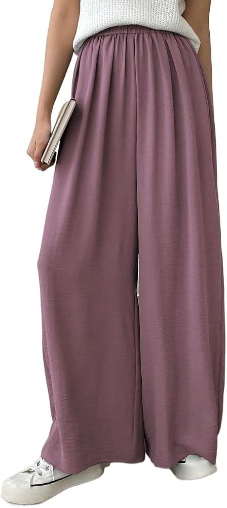 SECOLI 2024 Wide Leg Long Pant for Women Solid Color Elastic Waist Wide Leg Casual Pants | Amazon (US)