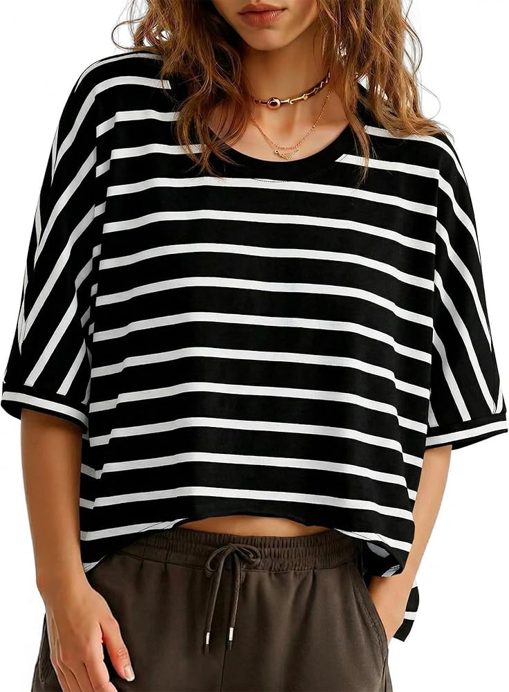 Tankaneo Womens Oversized T-Shirts Cropped Summer Casual Short Sleeve Loose Fit Tee Tops | Amazon (US)