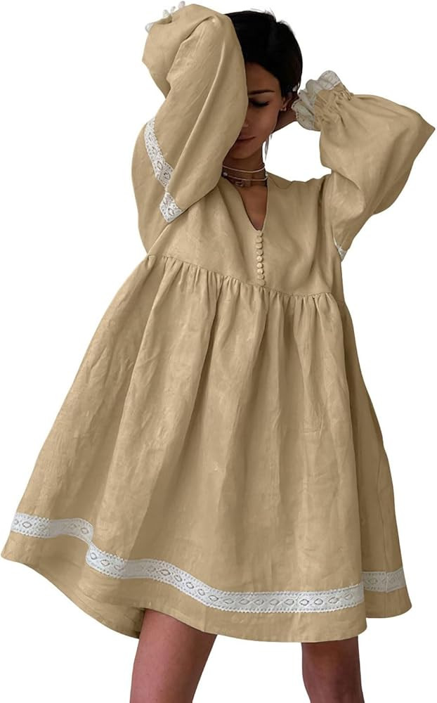 chouyatou Women's Cute Cotton Linen Loose Babydoll Dress Lantern Long Sleeve Lace Trim Mini Dress... | Amazon (US)