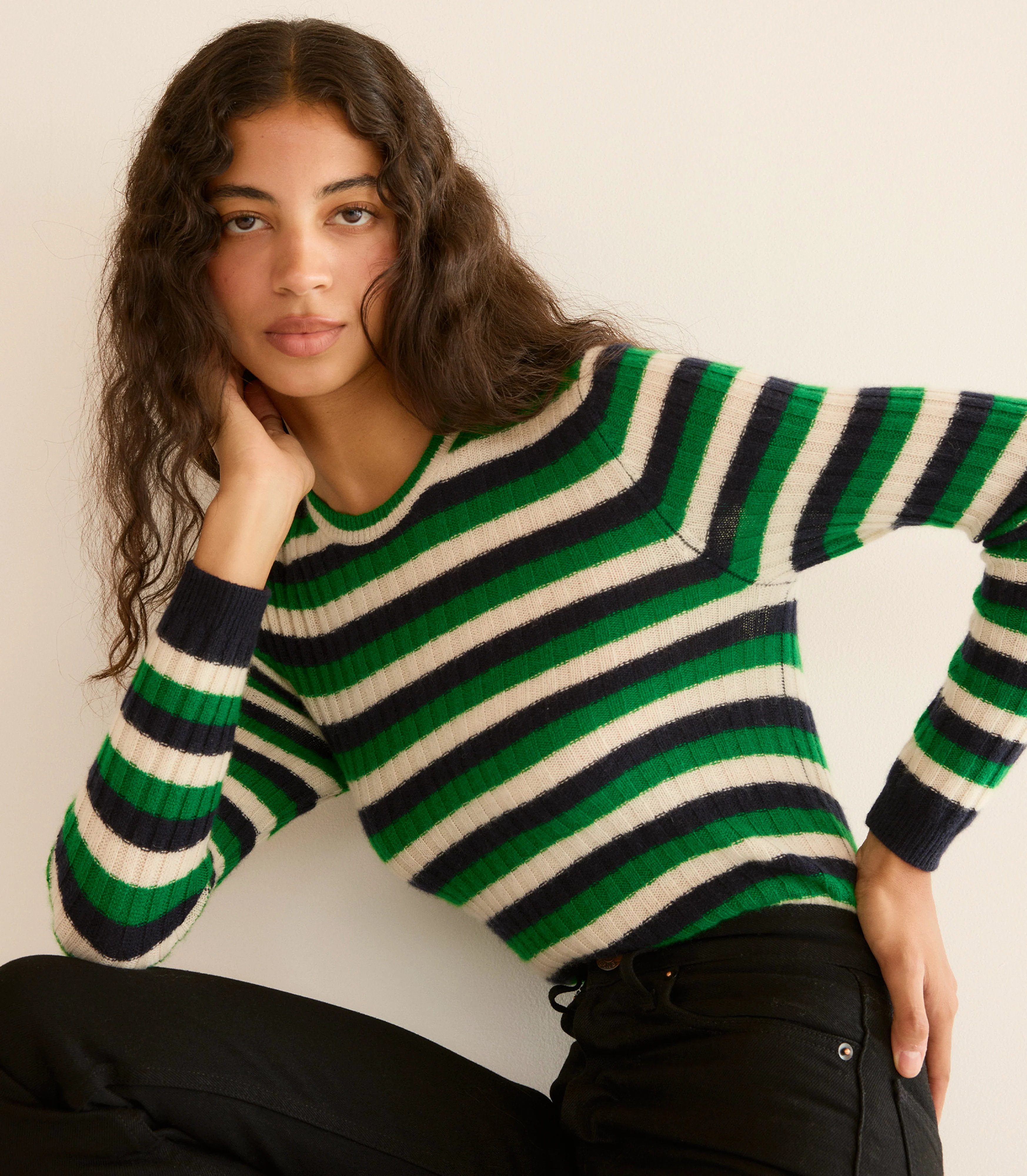 Hyeres Cashmere Sweater - Vert Carrington Stripe | DÔEN | DOEN