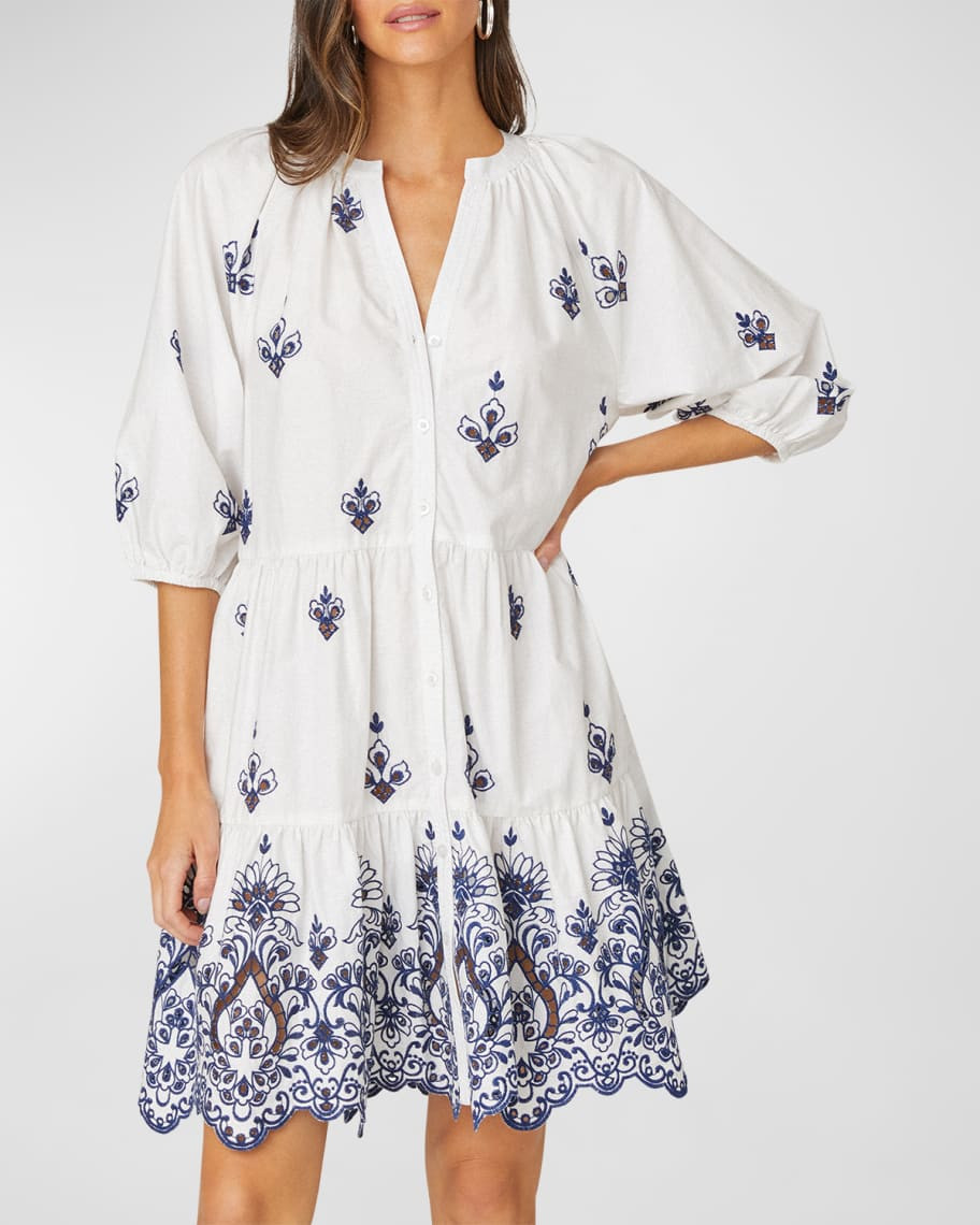 Shoshanna Embroidered Balloon-Sleeve Mini Dress | Neiman Marcus