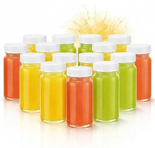 Juice Shot Bottles Set - Wide Mouth for Juicing, Beverage Storage, Liquids, 2 oz, Clear Small Glass Bottles with White Caps, Reusable, Leak Proof, Jars (16 pack) | Amazon (US)
