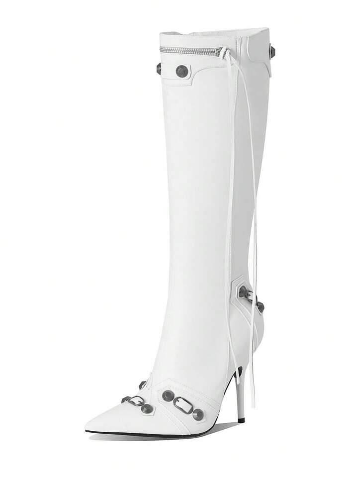 Women's Sexy Stiletto High Heels Knee High Boots Fashion Punk Tassel Pointed Toe Studded Zipper P... | SHEIN