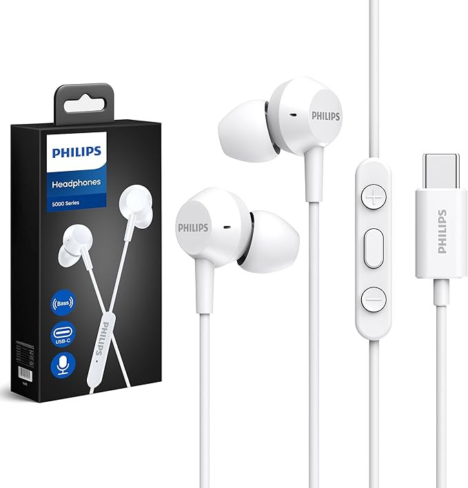 PHILIPS Wired Earbuds USB C with Microphone, in Ear Type C Headphones with mic, Powerful Bass, Li... | Amazon (US)