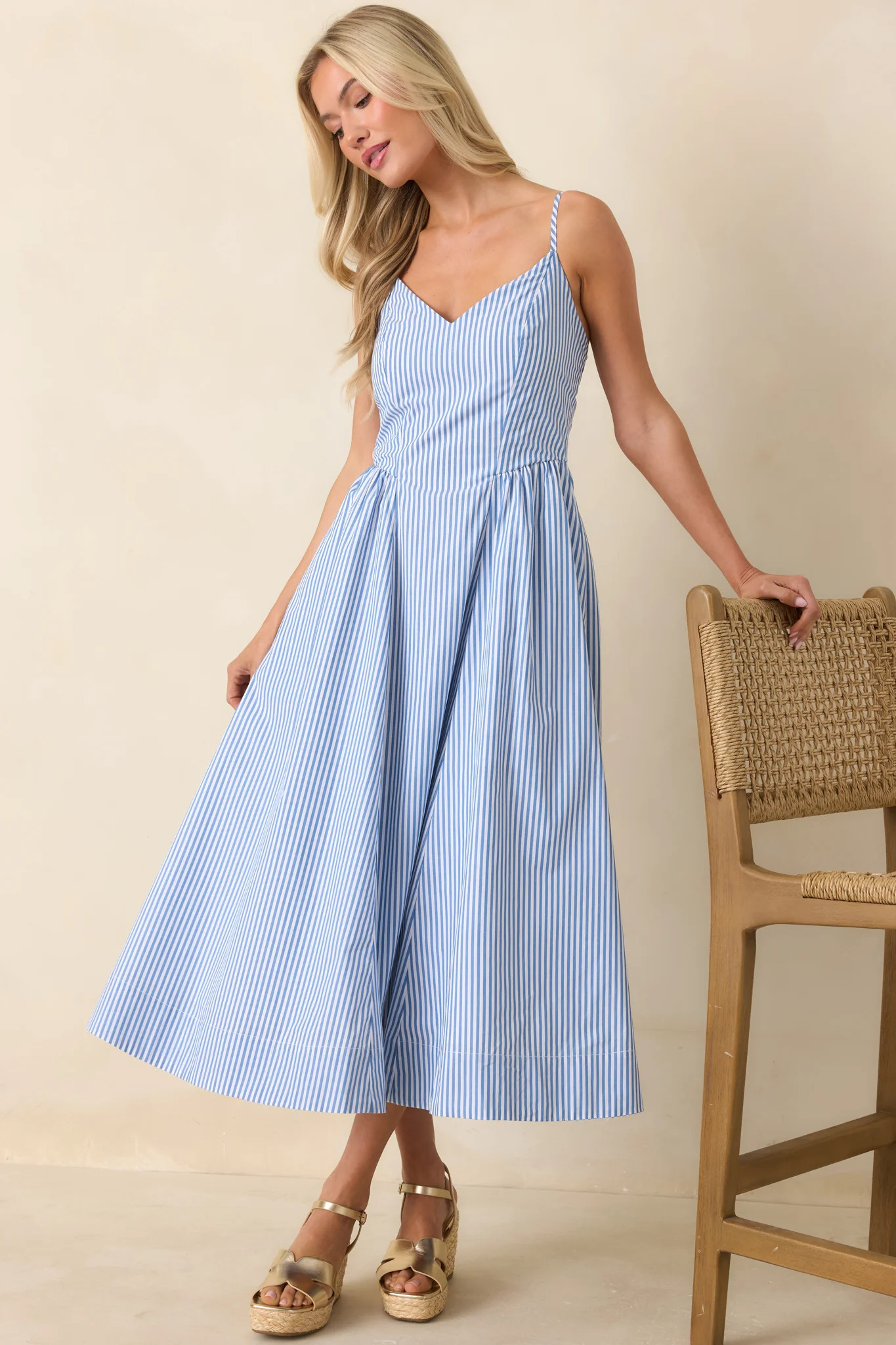 Weekend on the Coast Blue Stripe Sleeveless Midi Dress | Red Dress