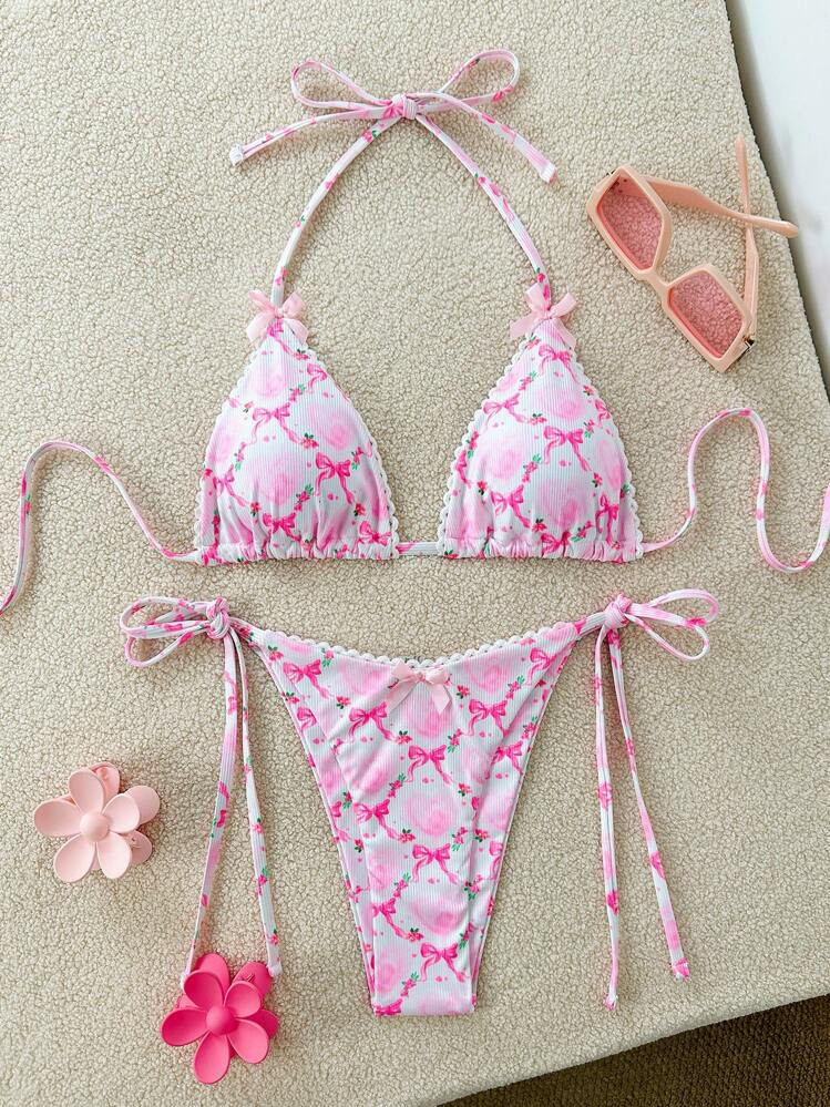 Swim Mod Swimwear Mod 2-Piece Set, Summer Holiday Random Butterfly Print Halter Bikini Top And Si... | SHEIN