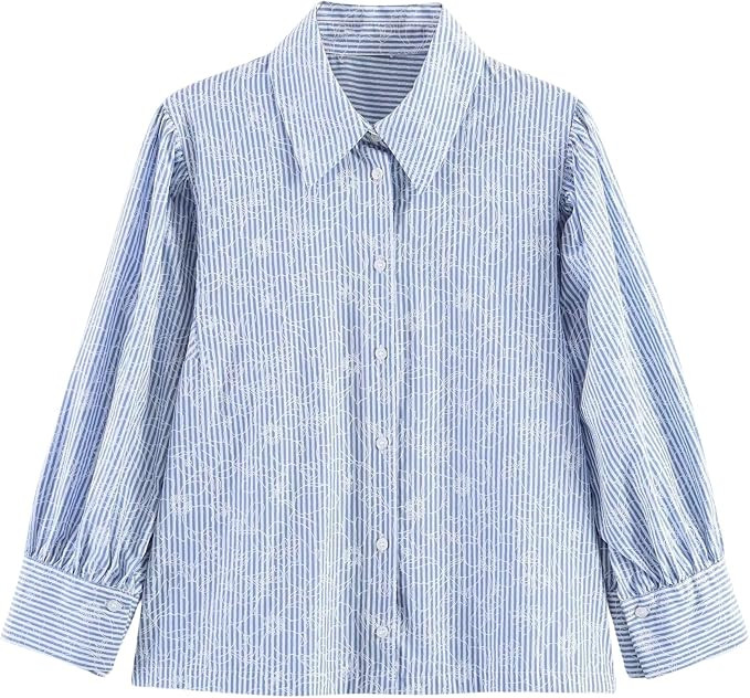 FindThy Women’s Cute Floral Print Shirt Long Sleeve Button Down Striped Shirts Office Blouse | Amazon (US)
