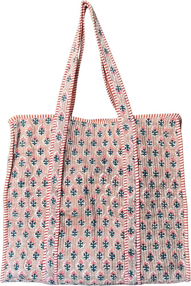 ATOSII Women Handblock Print Quilted 100% Cotton Floral Large Shoulder Tote Bag with Pocket, Zipp... | Amazon (US)