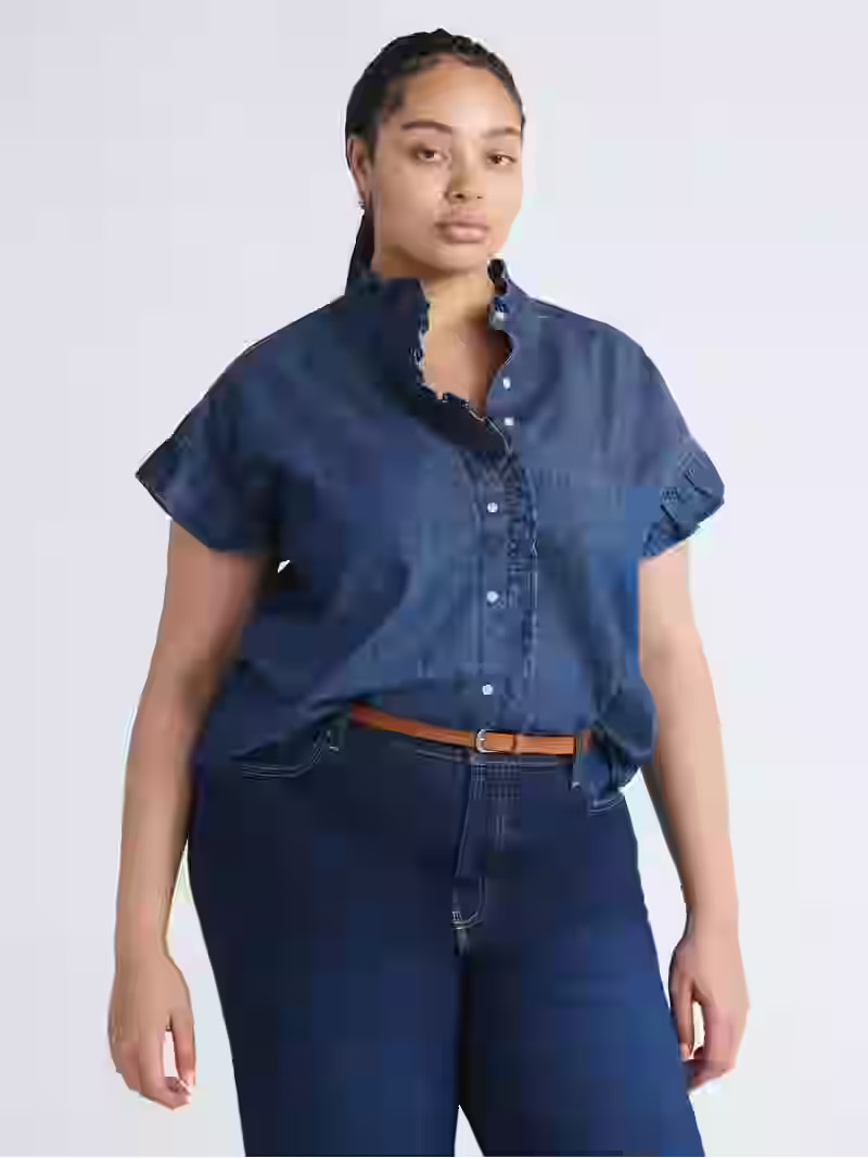Free Assembly Women's and Women's Plus Ruffle Trim Neck Top with Short Sleeves, Sizes XS-4X | Walmart (US)