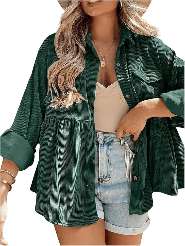 Verdusa Womens Corduroy Jacket Button Up Blouse Collared Babydoll Tops Fall Outfits | Amazon (US)