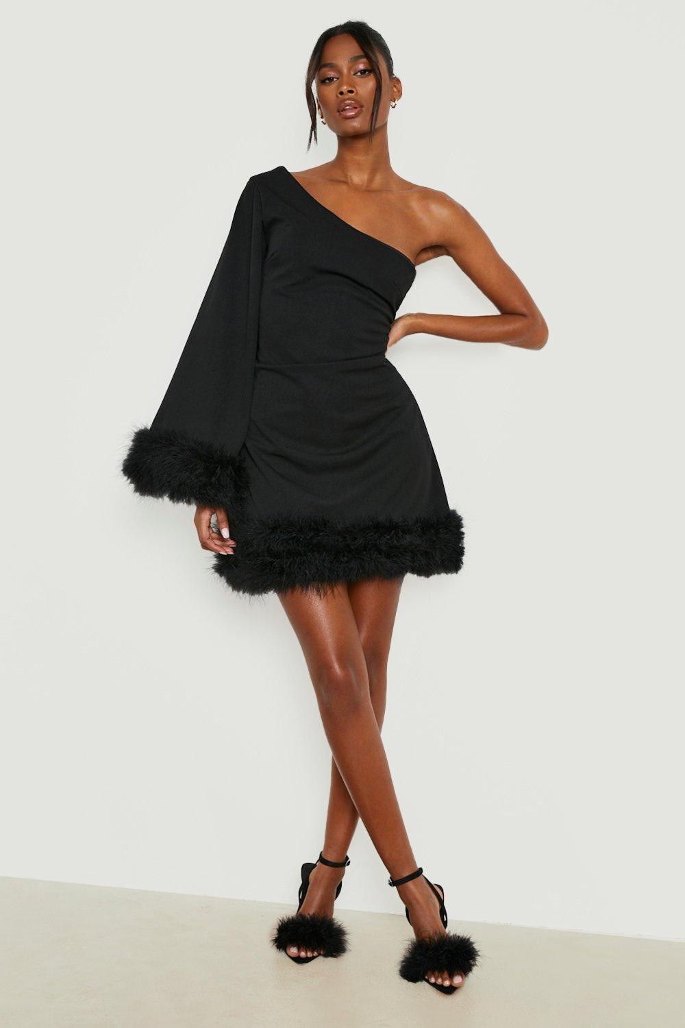 Womens Feather Asymmetric Cape Detail Mini Dress - Black - 14 | Boohoo.com (US & CA)
