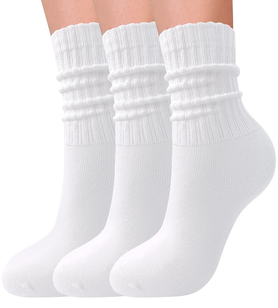 3 Pairs Slouch Socks for Women Soft Mid Calf Rib Scrunch Crew Tube Socks | Amazon (US)