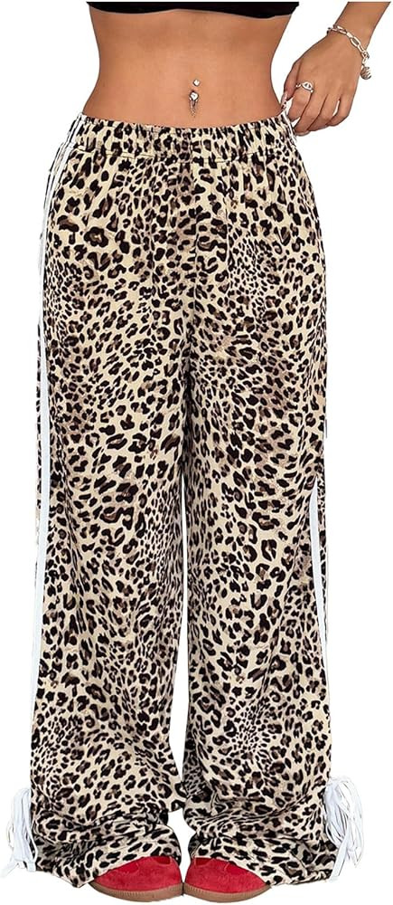 OYOANGLE Women's Leopard Print Striped Knot Side Trousers High Waist Straight Leg Baggy Pants | Amazon (US)