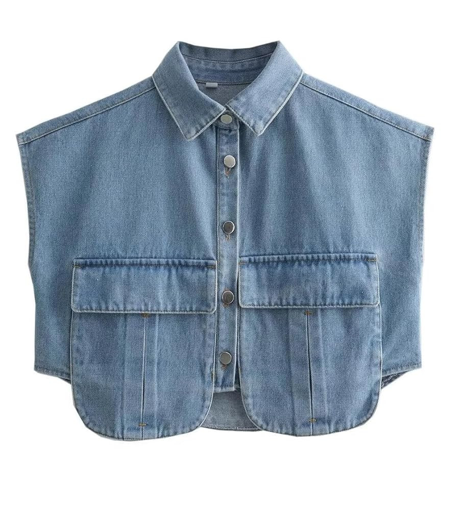 Hotmiss Womens Cropped Button Down Shirt Summer Collared Sleeveless Loose Denim Top with Pockets | Amazon (US)