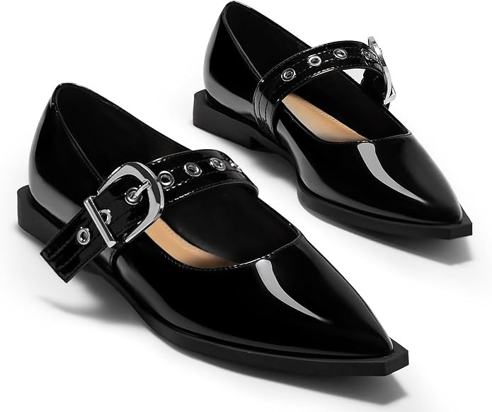 Coutgo Womens Mary Jane Flats Closed Pointed Toe Ballet Flat Studded Metal Adjustable Buckle Dres... | Amazon (US)