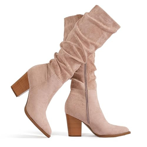 Putu Women's Pointed Toe Knee High Boots Faux Suede Slouch Boots with Chunky Heel Rosy Brown Size 8.5 | Amazon (US)