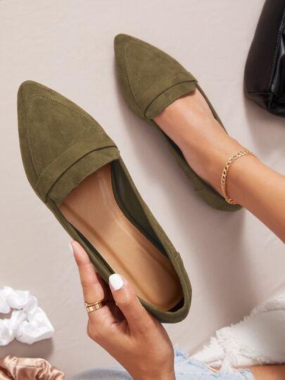 Faux Suede Notched Pointed Toe Flats | SHEIN