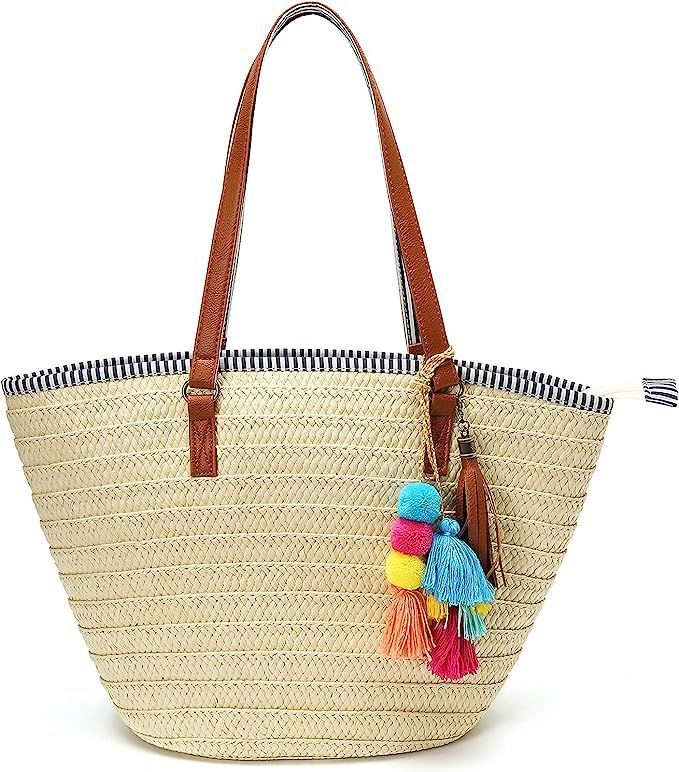 Epsion Straw Beach Bags Tote Tassels Bag Hobo Summer Handwoven Shoulder Bags Purse With Pom Poms | Amazon (US)