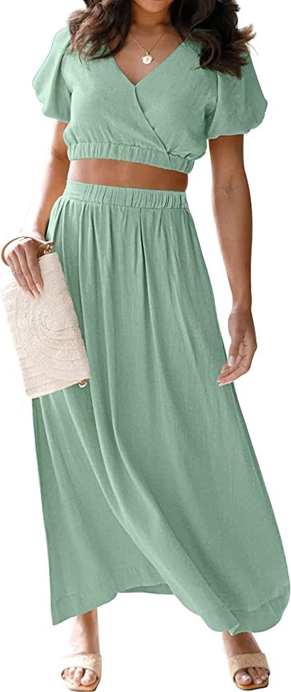 MEROKEETY Women's Summer Two Piece Outfits V Neck Puff Sleeve Crop Top and Flowy Maxi Skirt Set | Amazon (US)