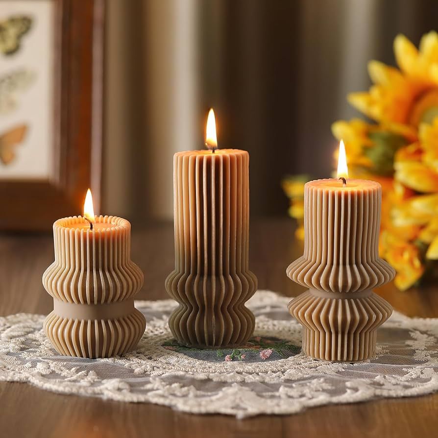 3 Pcs Ribbed Pillar Candles Ribbed Candles Soy Wax Scented Pillar Candles Aesthetic Candle Modern... | Amazon (US)