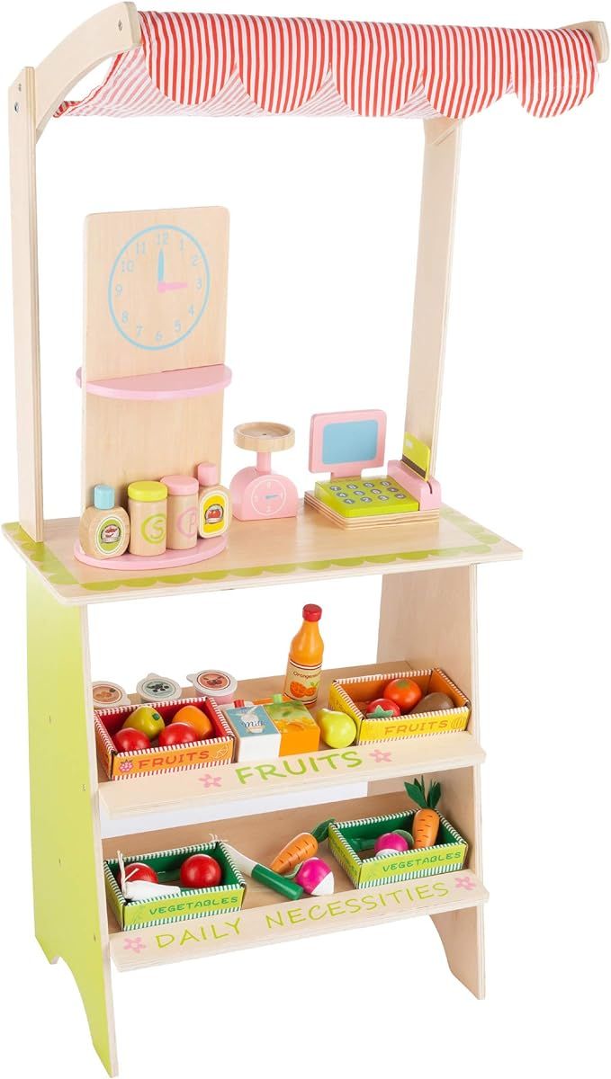 Hey! Play! Kids Fresh Market Selling Stand– Wooden Grocery Store Playset with Toy Cash Register... | Amazon (US)
