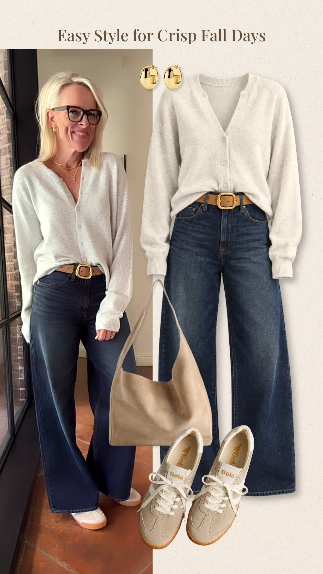 A cream V-neck cardigan paired with dark-wash wide-leg jeans is one of those timeless fall outfit combinations that always feels put together. I love how easily this look works for everyday errands, lunch dates, or a casual day out. Finish it with neutral sneakers and a simple shoulder bag for an effortless, comfortable look.