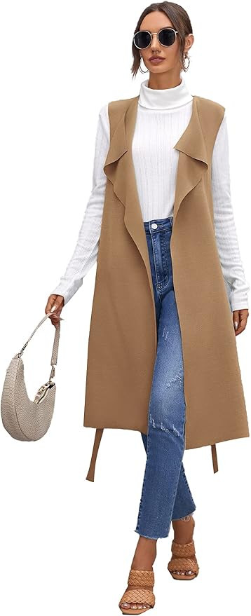 SheIn Women's Draped Open Front Sleeveless Cardigan Longline Belted Outerwear Duster Vest | Amazon (US)