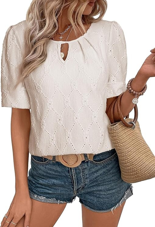 EVALESS Womens Tops Dressy Casual Cute Hollow Embroidered Blouses Short Sleeve Shirts Summer Outf... | Amazon (US)