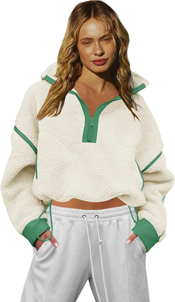 LAMISSCHE Half Zip Sweatshirt Women Oversized Sherpa Jacket V Neck Fleece Pullover Hoodie with Po... | Amazon (US)