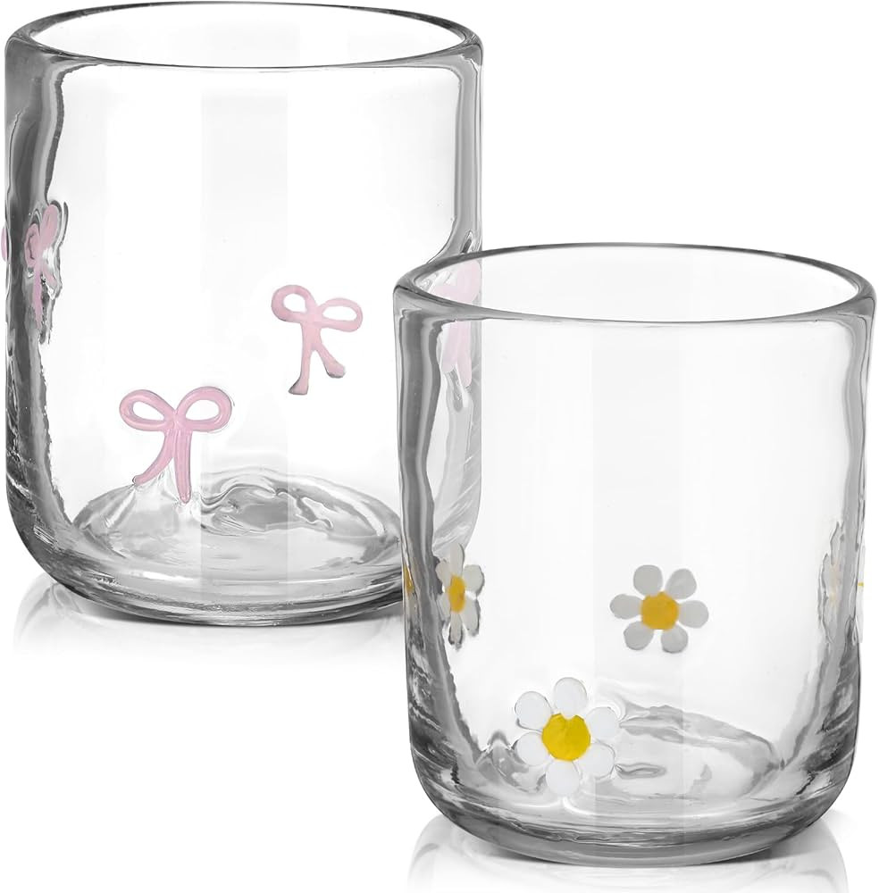 Skylety 2 Pack Icon Glass Cups Pink Bow Coquette and Daisy Flower Cups 14 Ounce Aesthetic Double ... | Amazon (US)