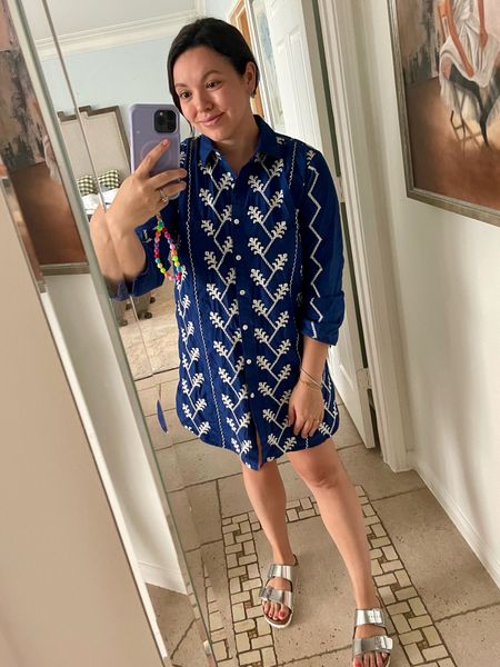 Julia Amory swizzle dress, shirt dress that’s embroidered and so cute. Great shirtdress or swimsuit cover-up. Wearing a medium, could even wear a large. Runs a little small. 
Metallic silver Birkenstocks, size down. 


#LTKshoecrush #LTKstyletip #LTKSeasonal