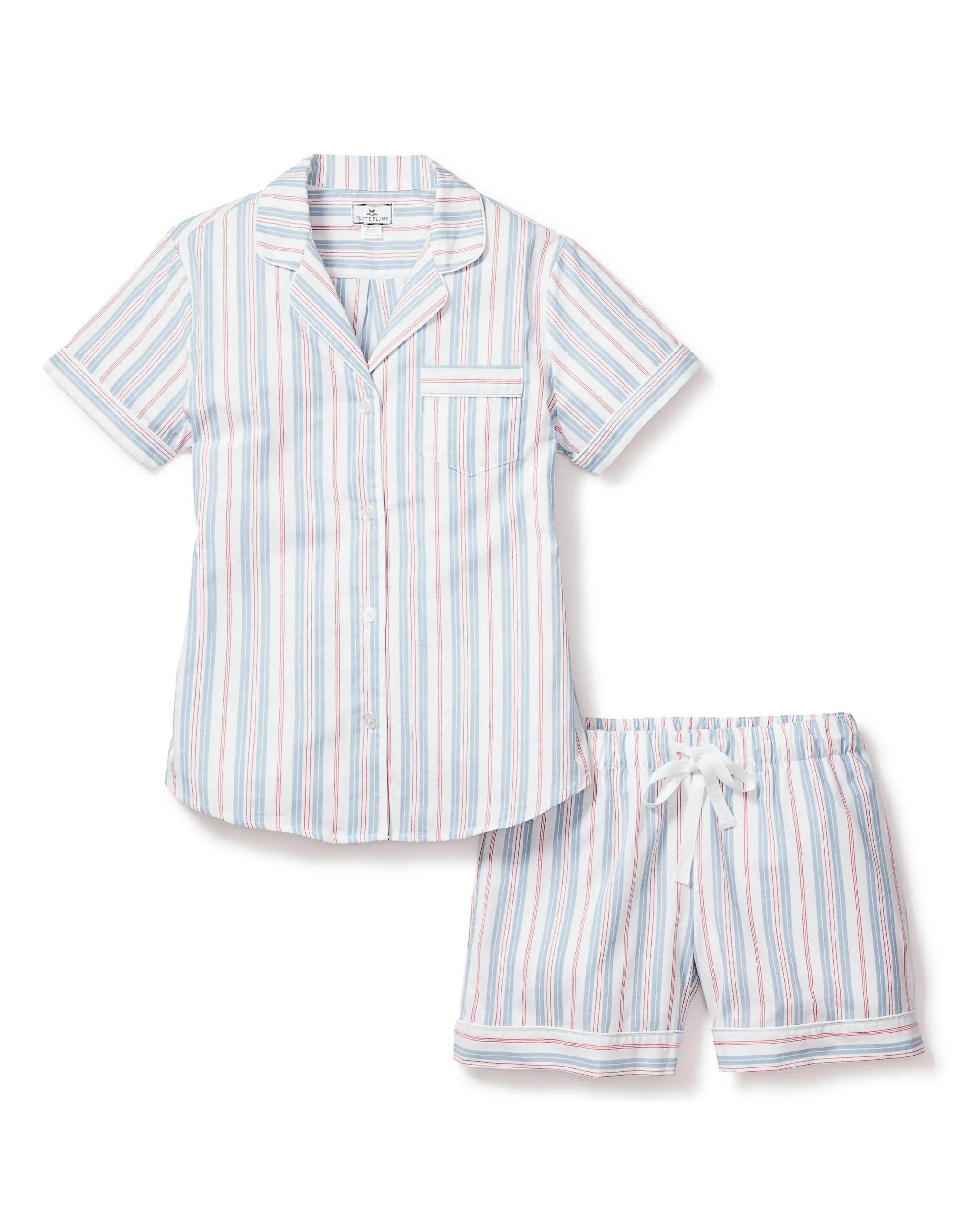 Women's Twill Short Sleeve Short Set in Vintage French Stripes | Petite Plume
