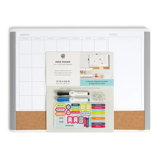 U Brands 17 x 23 in. 3-in-1 Dry Erase Calendar Whiteboard, White and Gray - Walmart.com | Walmart (US)