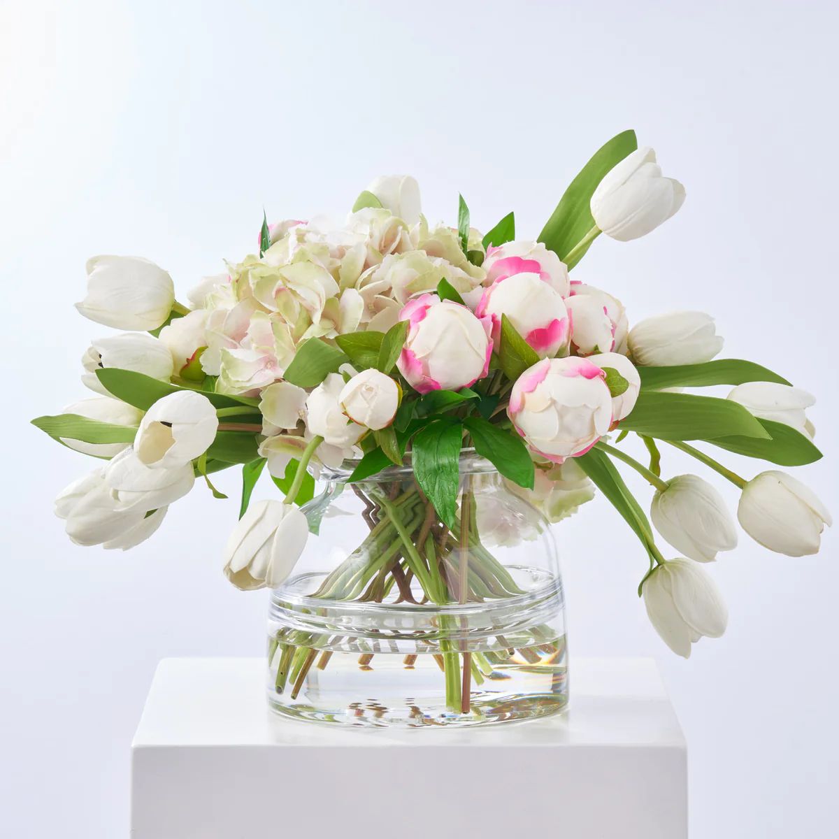 Heavenly Garden - Pink Green Hydrangea, Real Touch Peony Buds & White Tulips in Jug Style Vase Sp... | Darby Creek Trading