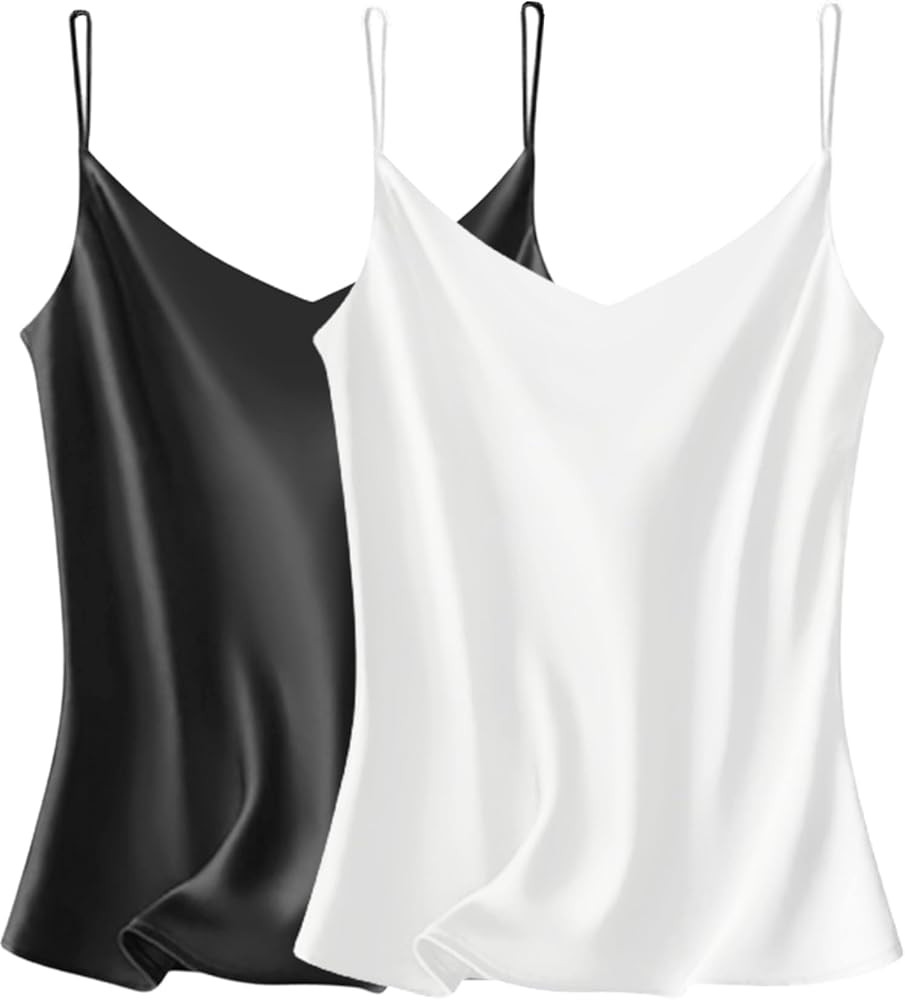 VIDUSSA Sexy Tank Tops Womens Satin Cami Top Pack V Neck Camisole Spaghetti Strap Tank Loose Slee... | Amazon (US)