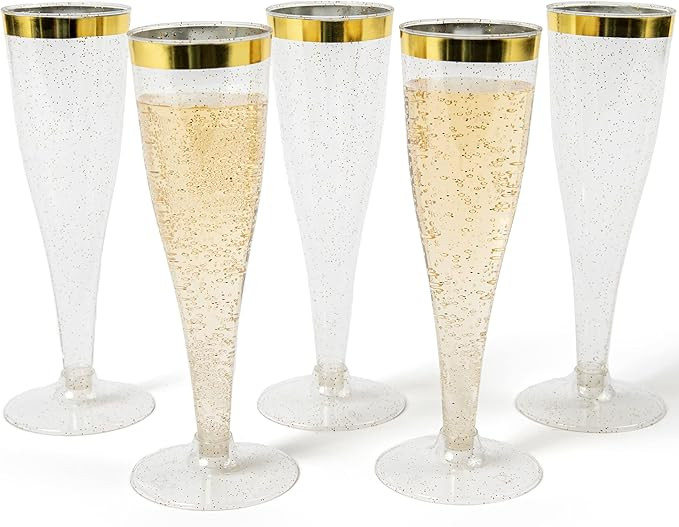Prestee 24 Champagne Flutes Disposable - Gold Rim Glitter Plastic Cups for Parties - Toasting Gla... | Amazon (US)