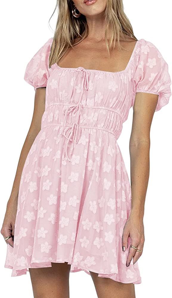 ZAFUL Women 2023 Summer Square Neck Short Puff Sleeve Mini Dress Aline Dress with Elastic Waist | Amazon (US)