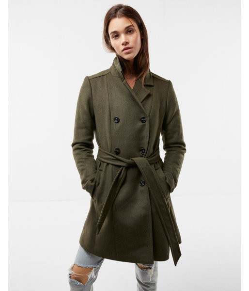 Express Womens Premium Wool Blend Belted Trench Coat Green XX Small | Express